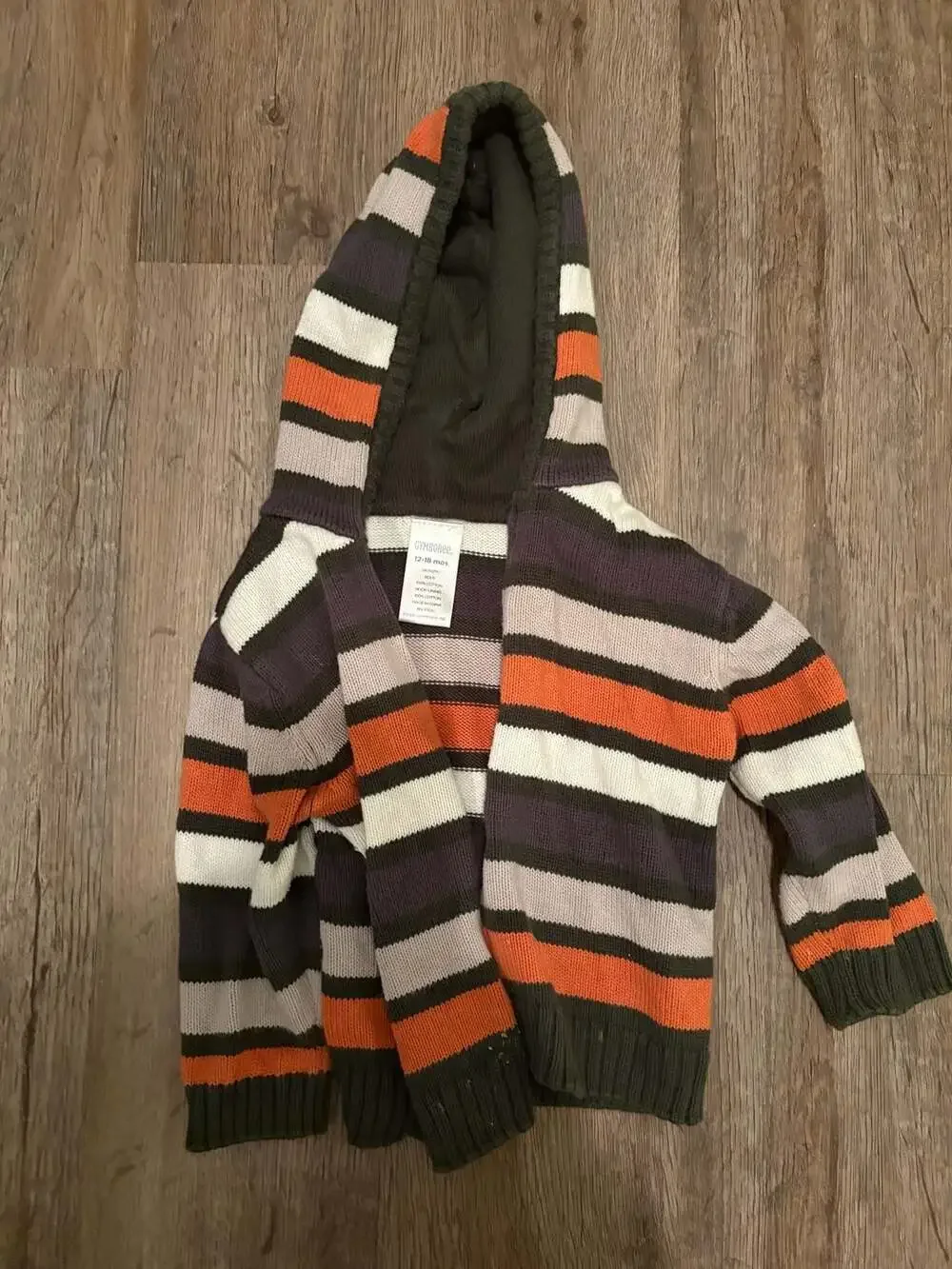 Gymboree 12-18 Months Boys Orange Grey White Striped Full Zip Knit Hooded Sweate